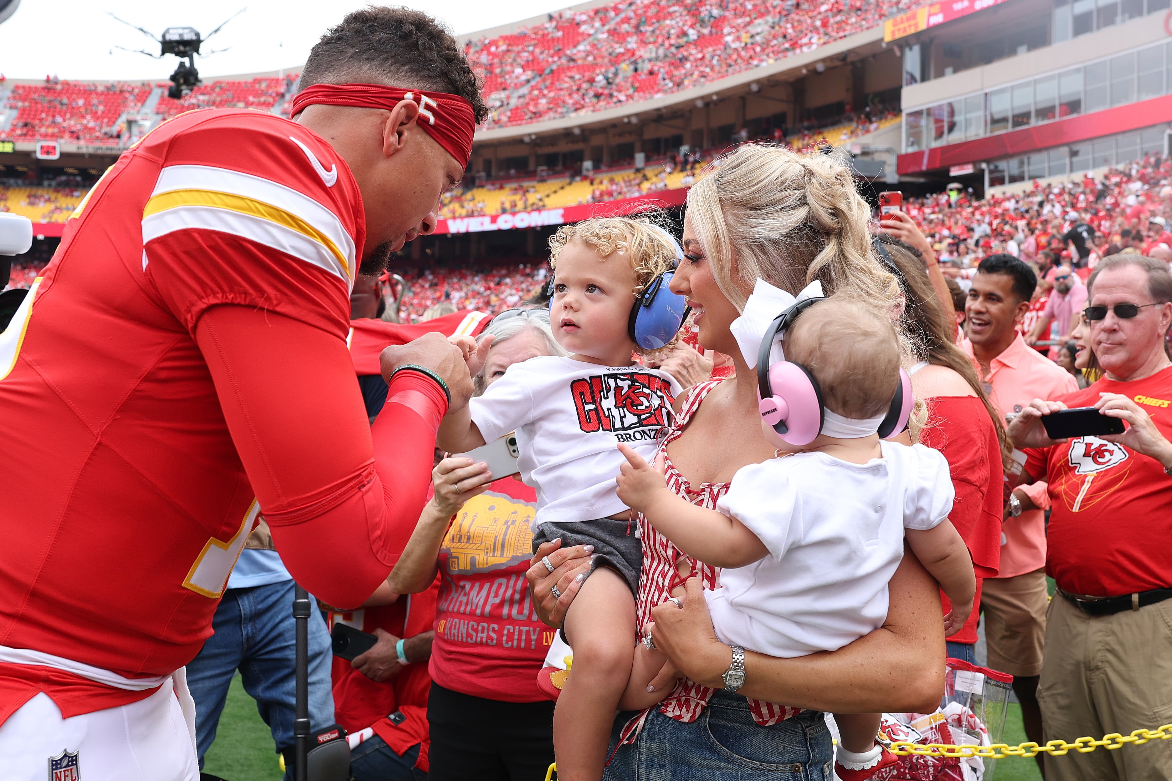 Patrick Mahomes of the Kansas City Chiefs is seen with wife Brittany and their children at Arrowhead Stadium on September 14, 2025, in Kansas City, Missouri.