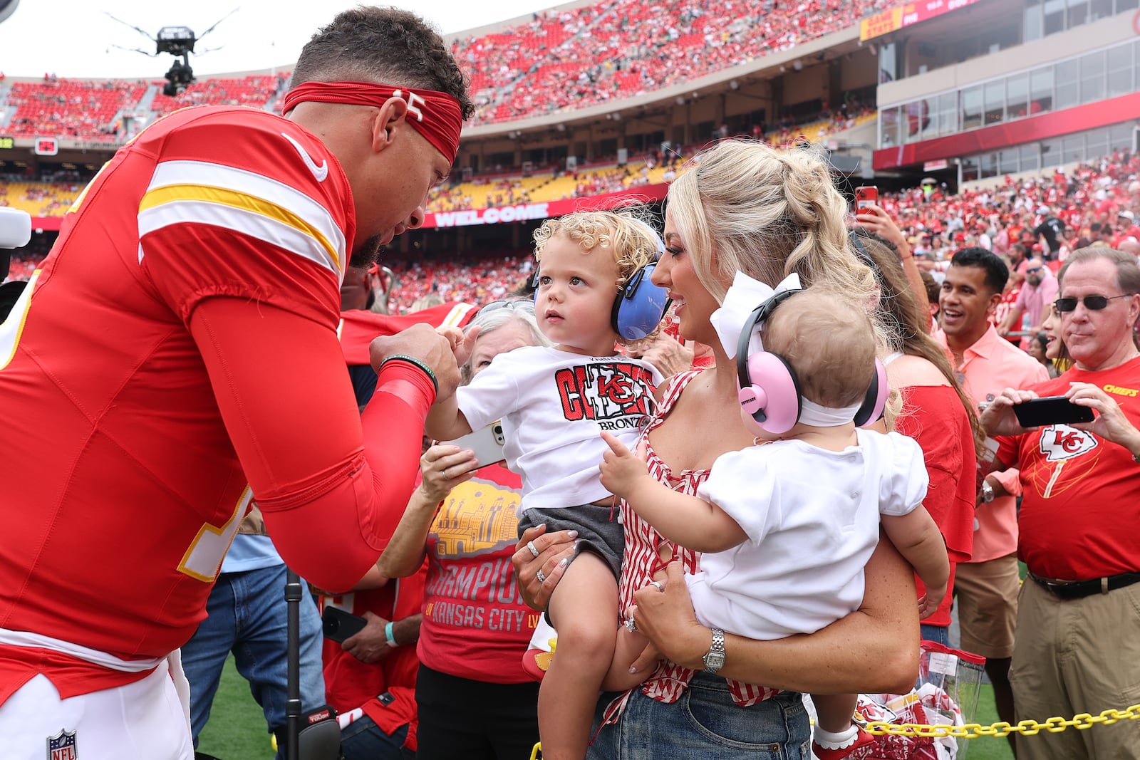 Patrick Mahomes of the Kansas City Chiefs is seen with wife Brittany and their children at Arrowhead Stadium on September 14, 2025, in Kansas City, Missouri.