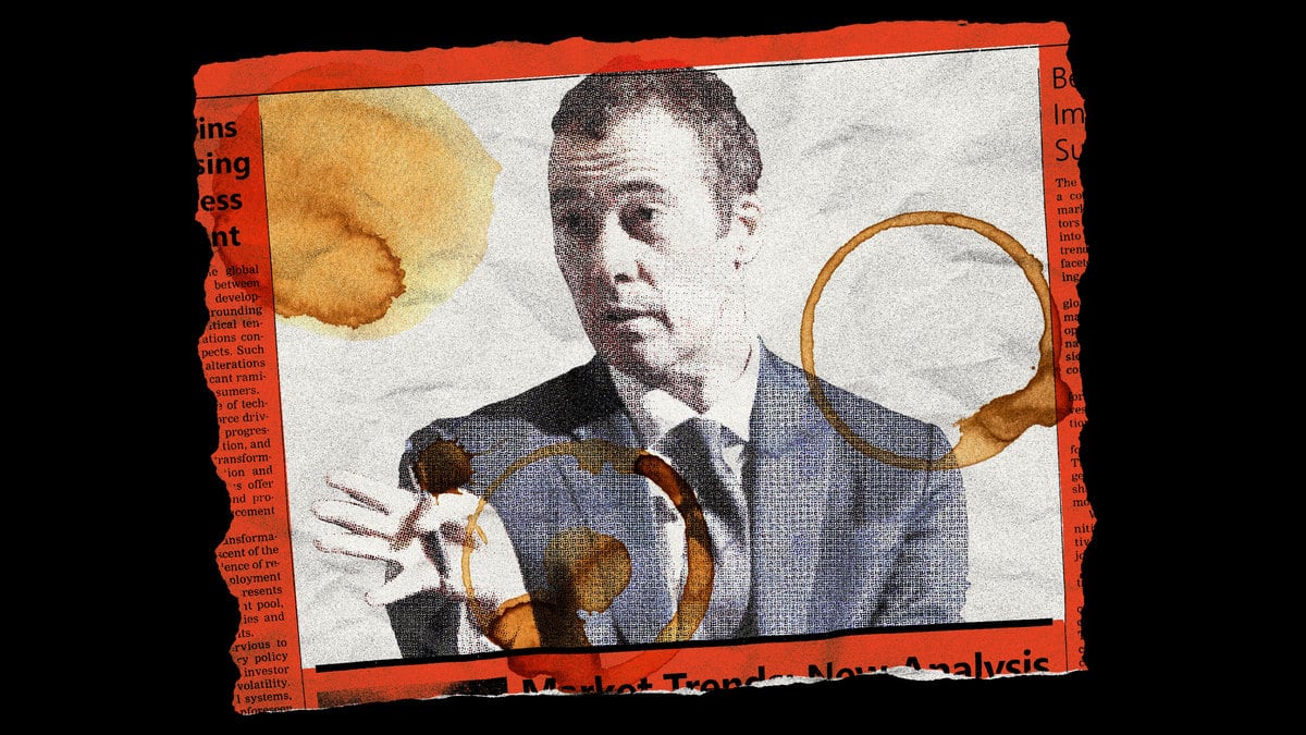 Photo illustration of Will Lewis on a torn piece of newspaper with coffee stains on it.