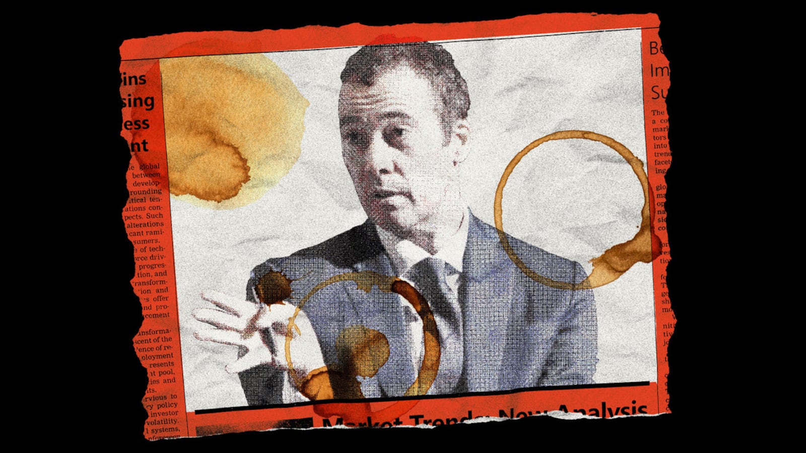 Photo illustration of Will Lewis on a torn piece of newspaper with coffee stains on it.