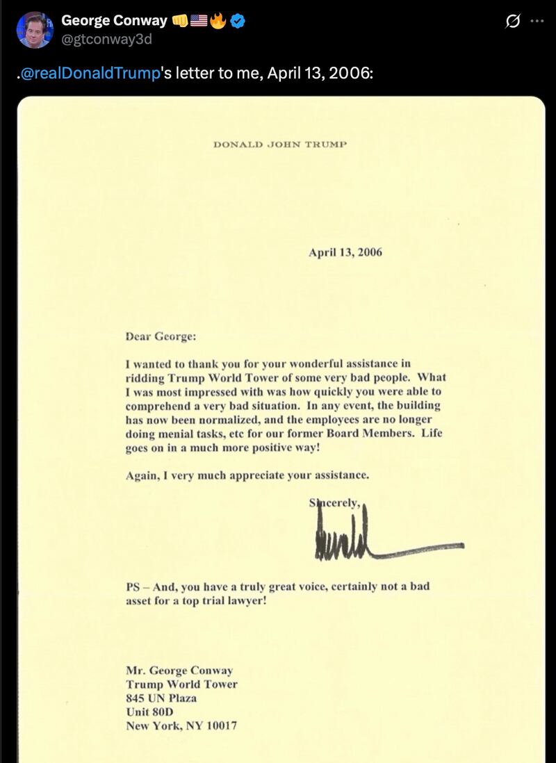 George Conway posts Trump's signature on X.