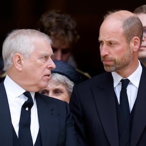 Prince Andrew, Duke of York, and Prince William, Prince of Wales, attend Katharine, Duchess of Kent's Requiem Mass service at Westminster Cathedral on September 16, 2025 in London, England.