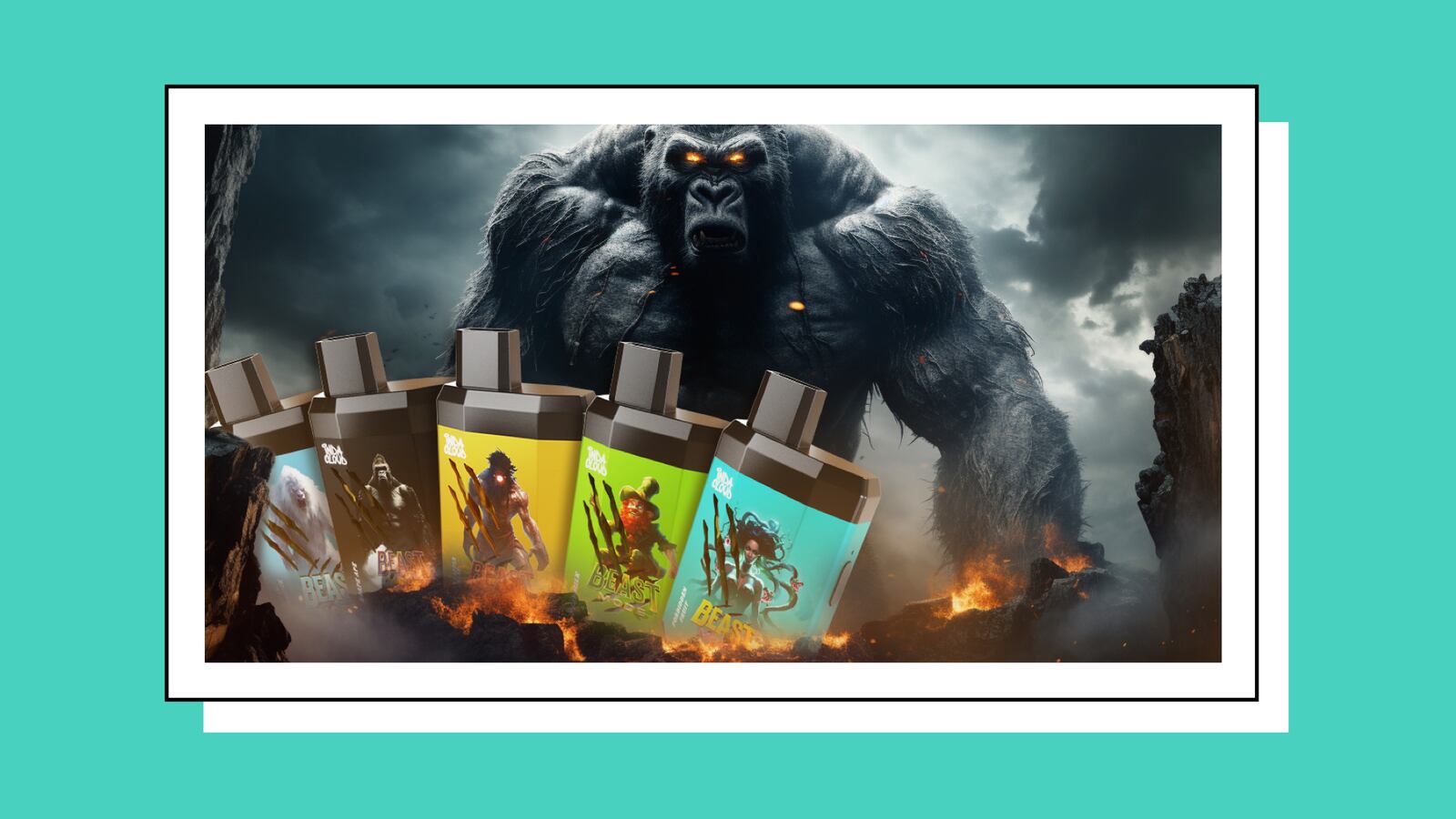 A large gorilla looms over a collection of Indacloud's new Beast Mode vapes.