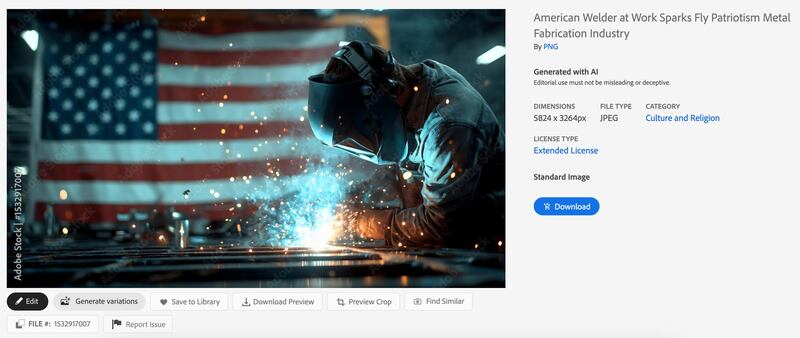 Screenshot of an AI generated image of a welder in front of an American flag from Adobe Stock Images