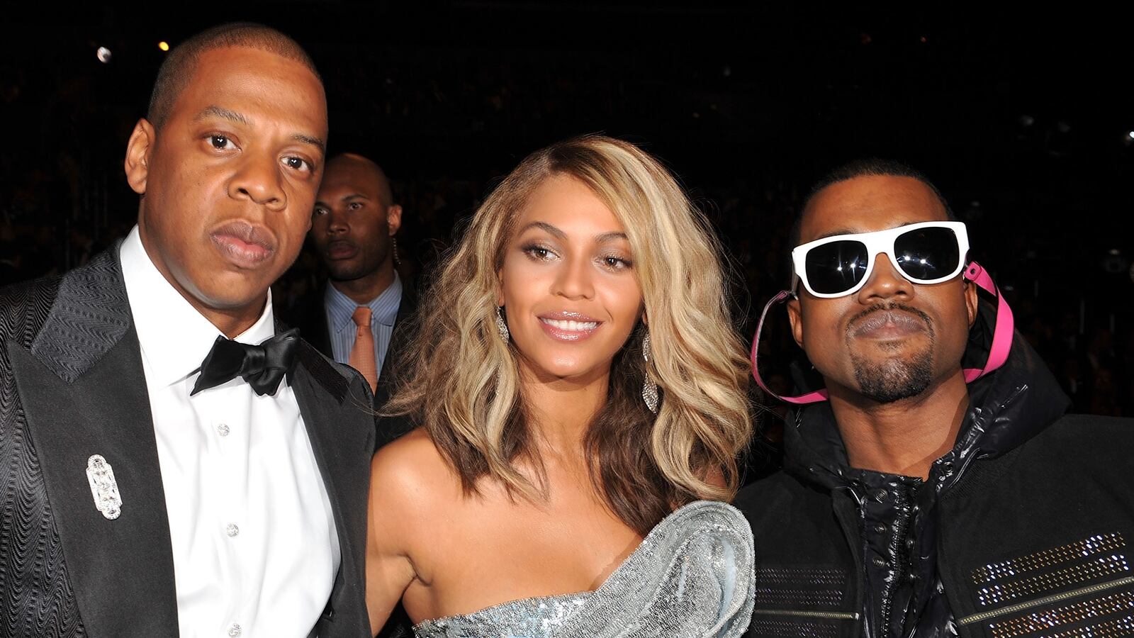 Rapper Jay-Z, singer Beyonce and rapper Kanye West at the 50th Annual GRAMMY Awards at the Staples Center on February 10, 2008 in Los Angeles, California.