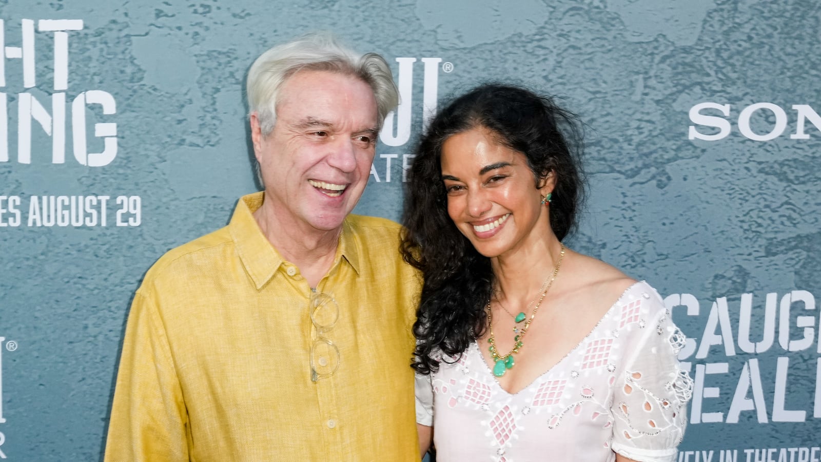 David Byrne, Mala Gaonkar at the Columbia Pictures "Caught Stealing" New York Premiere held at Regal Union Square on August 26, 2025 in New York, New York. (Photo by John Nacion/Variety via Getty Images)