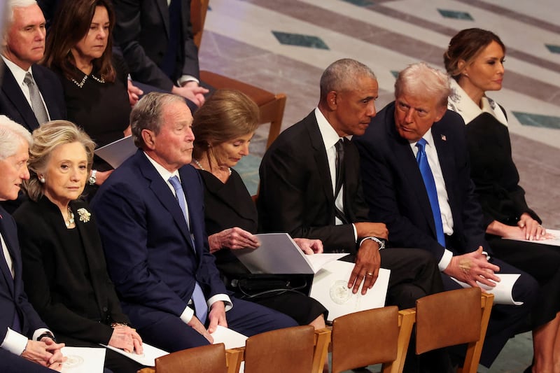 Former U.S. President Barack Obama, former U.S. President George W. Bush, U.S. President-elect Donald Trump, former U.S. President Bill Clinton and former U.S. Vice President Mike Pence attend a service on the day of the State Funeral for former U.S. President Jimmy Carter at the Washington National Cathedral in Washington, U.S., January 9, 2025.