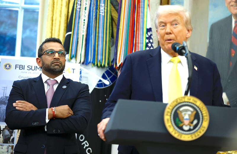 President Donald Trump speaks alongside Federal Bureau of Investigation Director Kash Patel during a press conference in the Oval Office of the White House on October 15, 2025 in Washington, DC. Trump and Patel provided an update on the Trump administration’s progress in reducing violent crime.