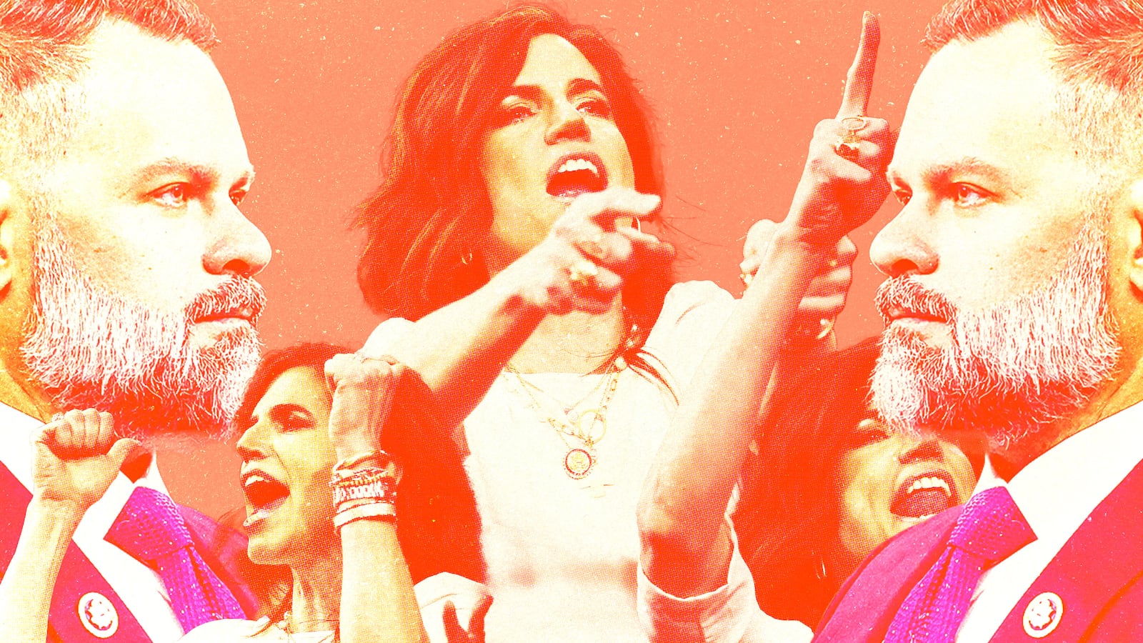 Collage of Nancy Mace yelling at Cory Mills on a red background