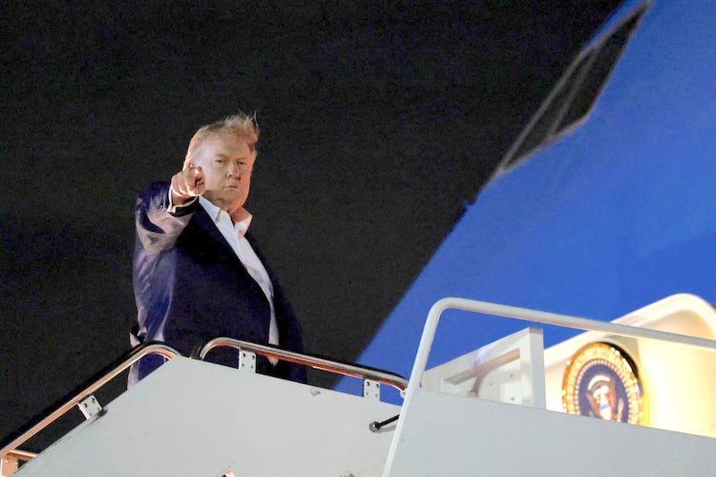 U.S. President Donald Trump boards Air Force One en route to Evian-les-Bains, France for the G7 Summit, at Joint Base Andrews, Maryland, U.S., June 15, 2026.