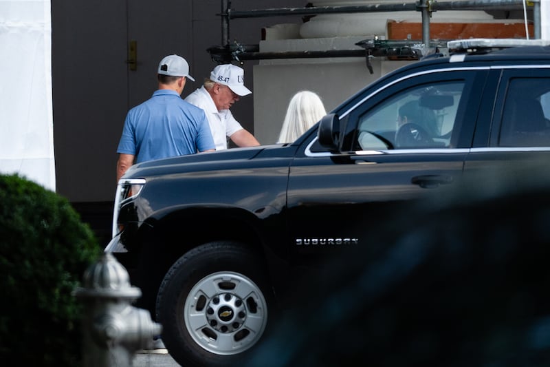 U.S. President Donald Trump inspects work near the North Portico of the White House after visiting Trump National Golf Club in Sterling, Virginia on July 26, 2026 in Washington, DC.