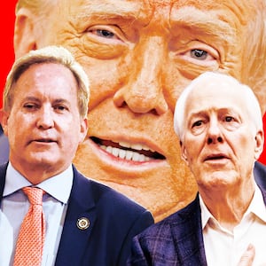 A photo composite of Donald Trump, Ken Paxton, and John Cornyn.