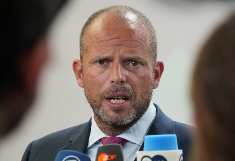 Belgian Defence Minister Theo Francken speaks to journalists as he arrives to an informal meeting of European Union defence ministers in Copenhagen, Denmark, August 29, 2025. REUTERS/Tom Littl