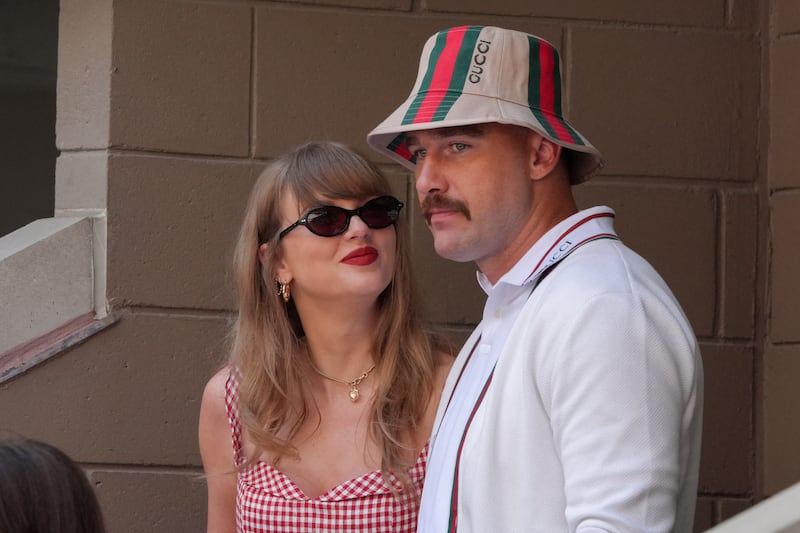 Taylor Swift Travis Kelce attend the men's final match between Italy's Jannik Sinner and USA's Taylor Fritz on day fourteen of the US Open tennis tournament at the USTA Billie Jean King National Tennis Center in New York City, on September 8, 2024.