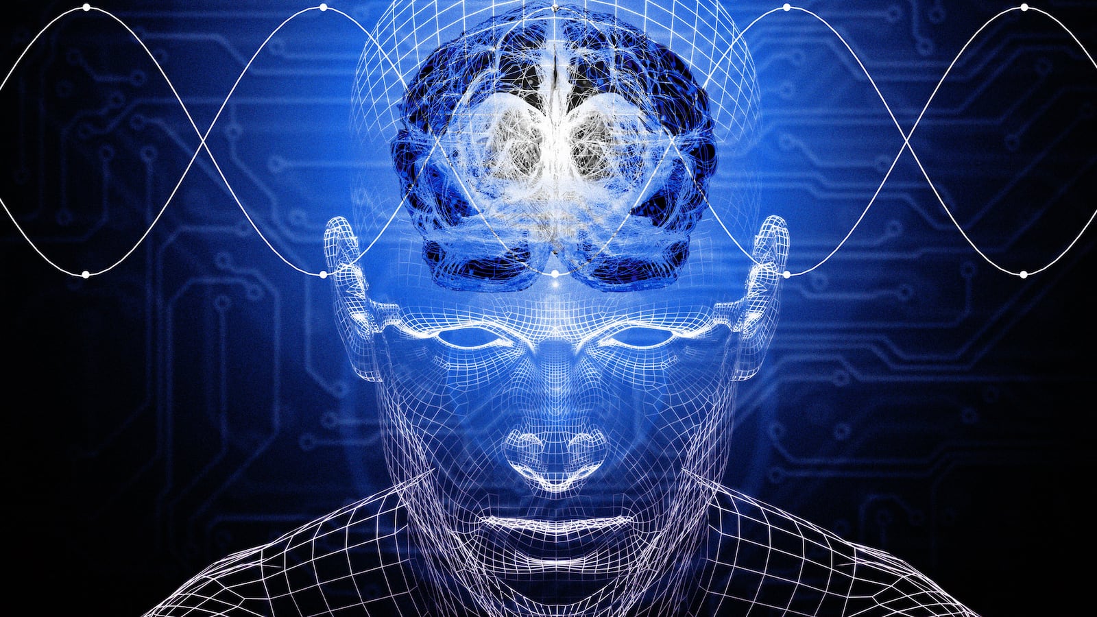 An illustration that includes a brain and cyborg looking robot