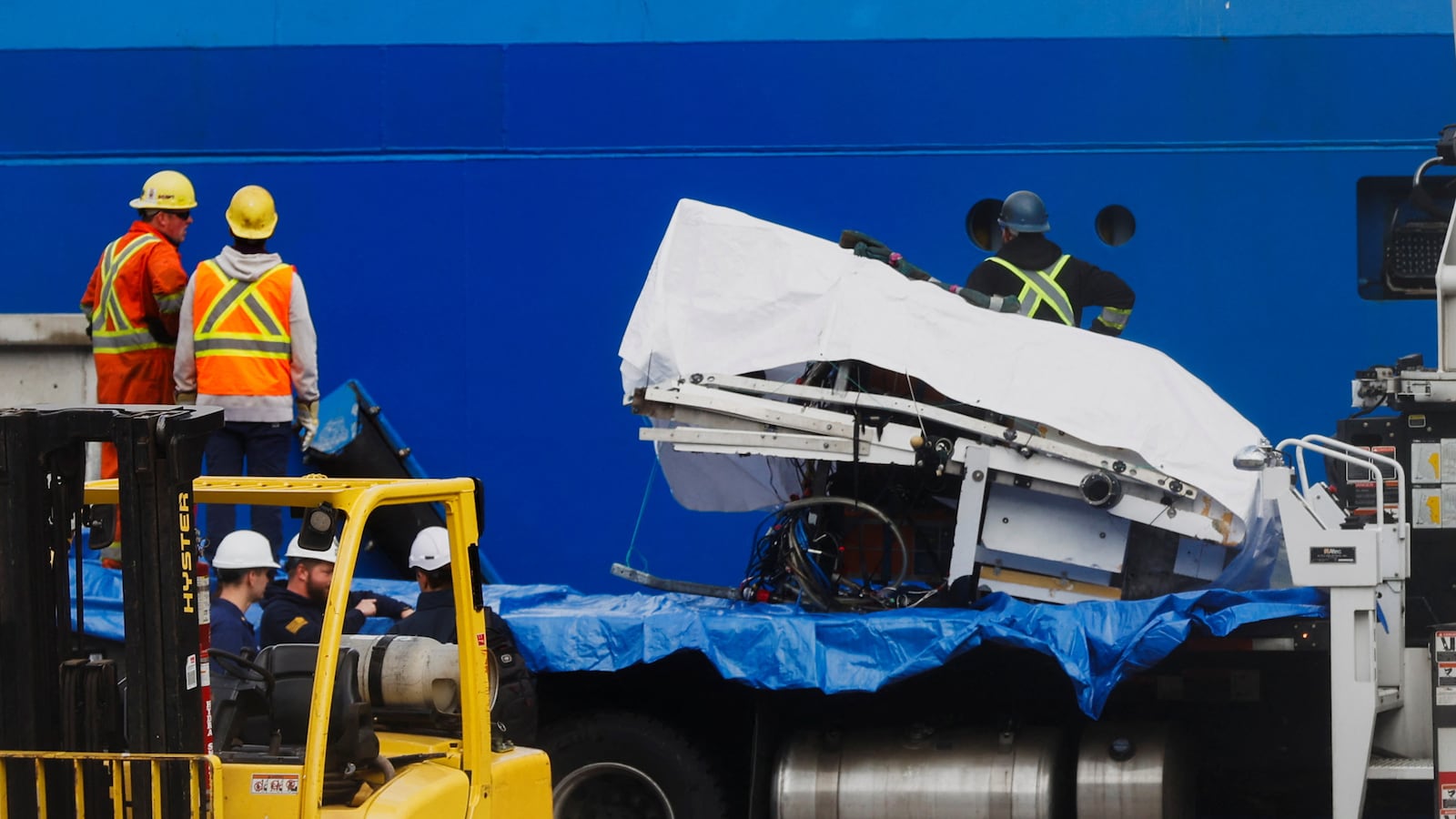 A view of the Horizon Arctic ship, as salvaged pieces of the Titan submersible from OceanGate Expeditions are returned, in St. John's harbour, Newfoundland, Canada June 28, 2023.