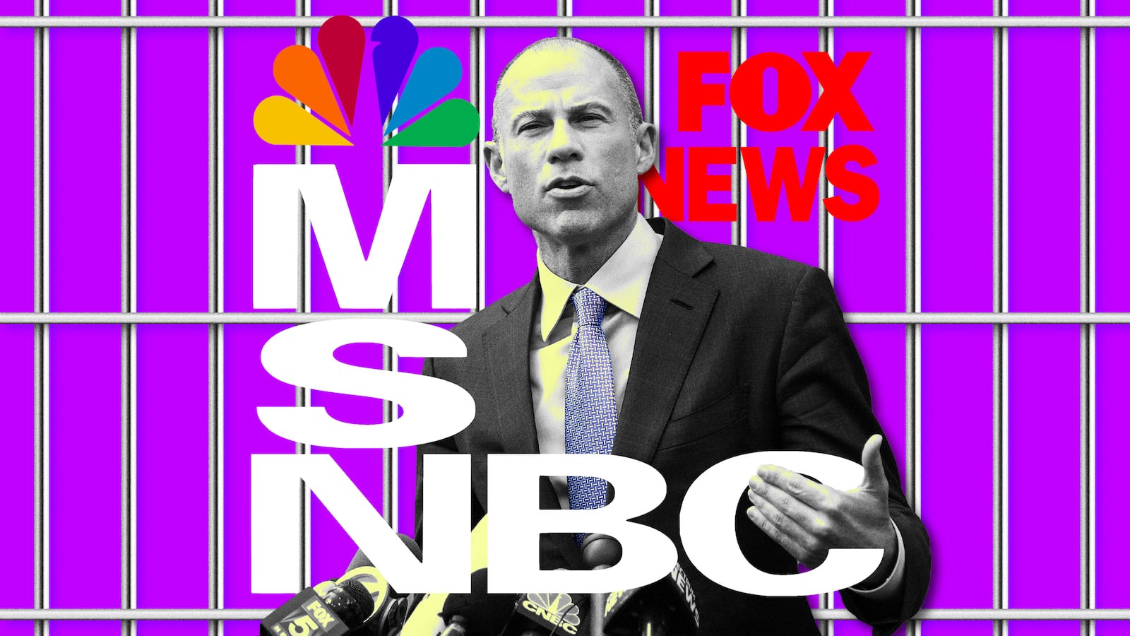 A photo illustration of Michael Avenatti, MSNBC, Fox News, and prison bars.