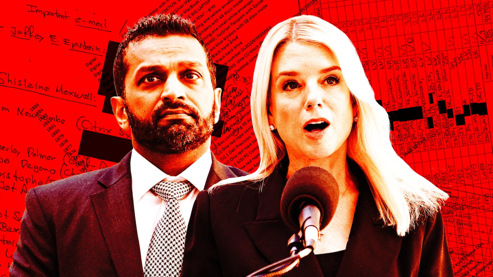 A photo illustration of Kash Patel, Pam Bondi, and a background of Jeffrey Epstein flight logs and documents.
