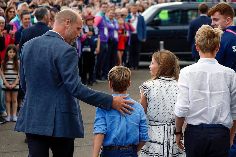 Prince William, Prince of Wales, Duke of Rothsay with Prince George, Princess Charlotte and Prince Louis arrive for the Glasgow 2026 Commonwealth Games at The Hydro on August 1, 2026 in Glasgow, Scotland.on August 01, 2026 in Glasgow, Scotland. (Photo by Jeff J Mitchell/Getty Images)