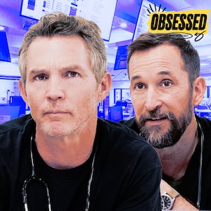 A photo illo illustration of Shawn Hatosy and Noah Wyle in The Pitt.