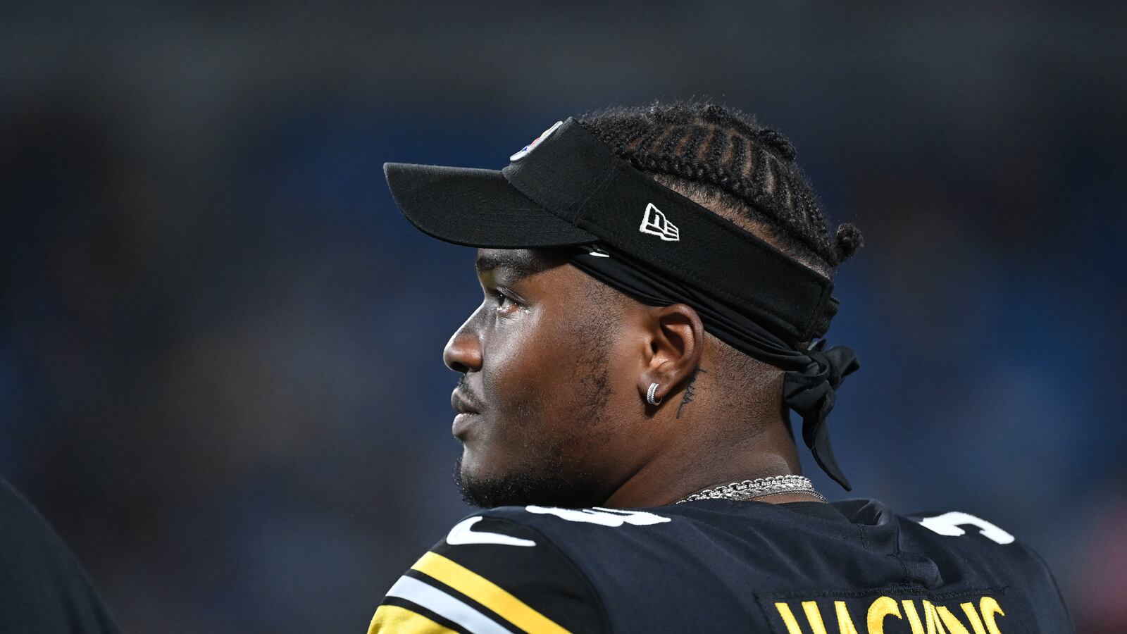 Aug 27, 2021; Charlotte, North Carolina, USA; Pittsburgh Steelers quarterback Dwayne Haskins (3) on the sidelines in the third quarter at Bank of America Stadium.