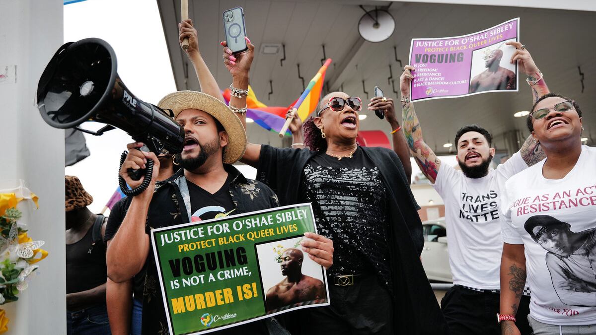 People gather at a memorial for O’Shae Sibley on August 04, 2023 in New York City.