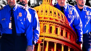 A photo illustration of TSA agents walking and the U.S. Capitol building.