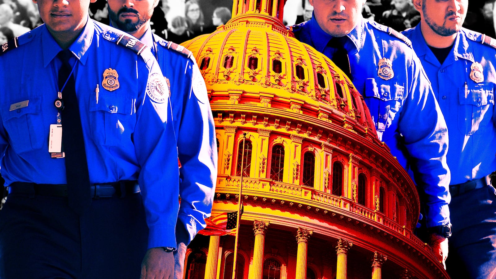 A photo illustration of TSA agents walking and the U.S. Capitol building.
