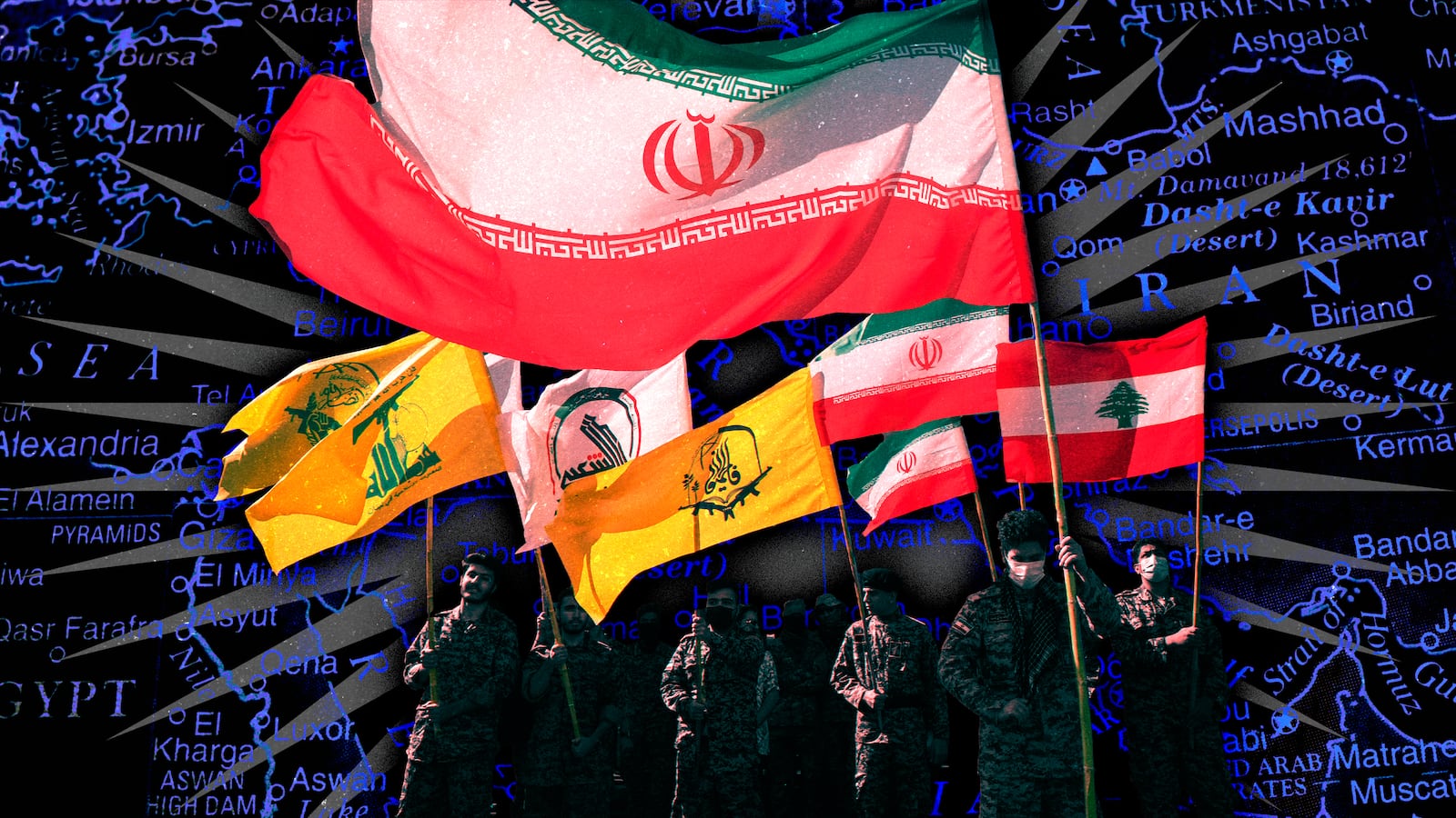 A photo illustration of Basij paramilitary force hold Iranian flag, Lebanese flag, flag of Hashd Shabi, and a flag of Lebanon's Hezbollah.