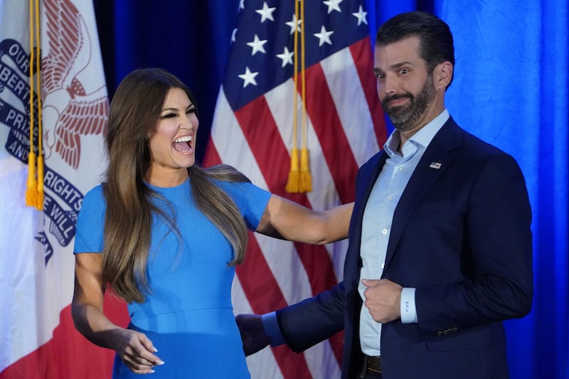 Kimberly Guilfoyle and Donald Trump Jr. speak at a press conference in Des Moines, Iowa, U.S., February 3, 2020.