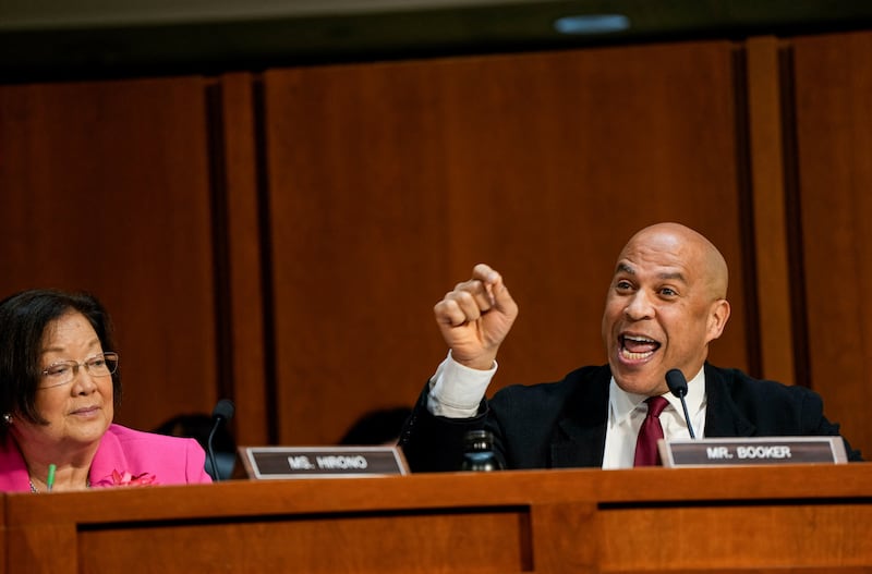 U.S. Senator Cory Booker (D-NJ) speaks at the U.S. Senate Judiciary Committee vote on U.S. President Donald Trump's nomination of Todd Blanche to be U.S. attorney general, on Capitol Hill in Washington, D.C., U.S., August 4, 2026. REUTERS/Elizabeth Frantz