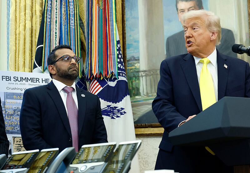 President Donald Trump speaks alongside Federal Bureau of Investigation Director Kash Patel during a press conference in the Oval Office of the White House on October 15, 2025 in Washington, DC.