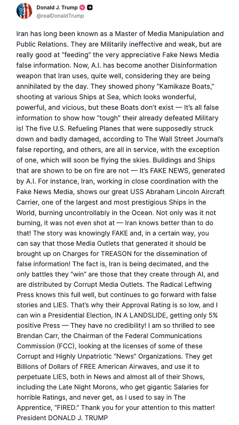 Truth Social from Donald Trump about Iran.