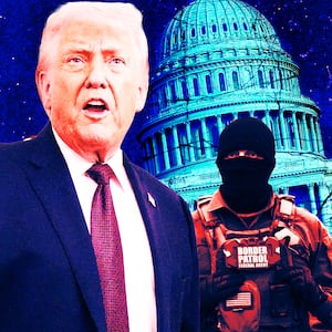 A photo illustration of Donald Trump and masked Border Patrol agents in front of the U.S. Capitol building.