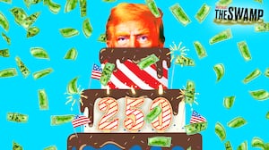 A photo illo illustration of Donald Trump's head coming out of a USA 250th anniversary cake and money flying for The Swamp.