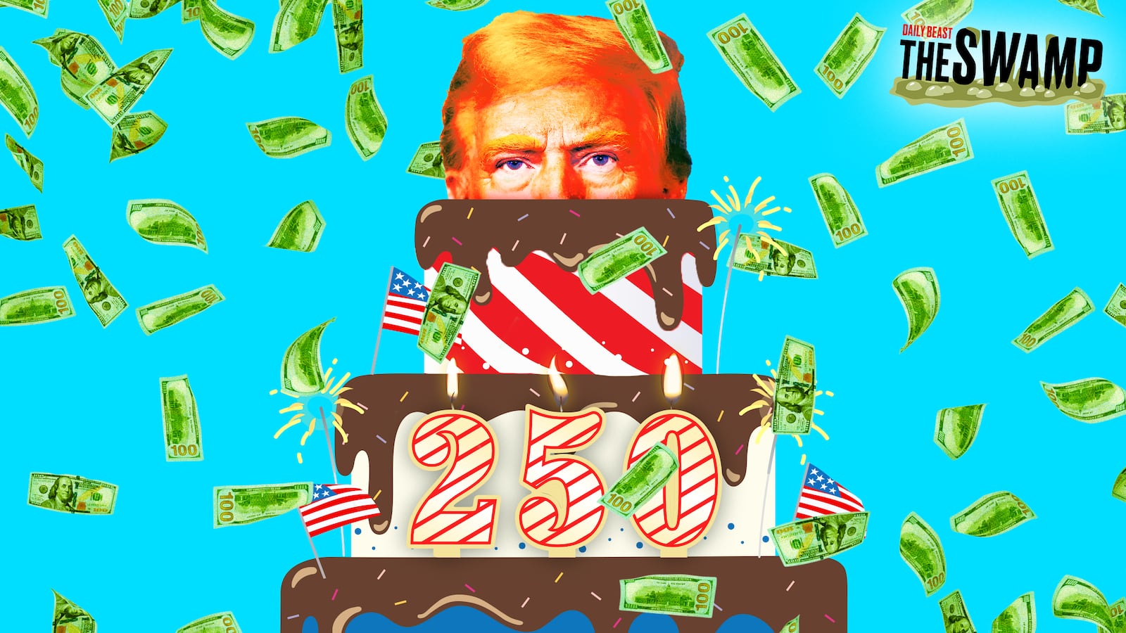 A photo illo illustration of Donald Trump's head coming out of a USA 250th anniversary cake and money flying for The Swamp.