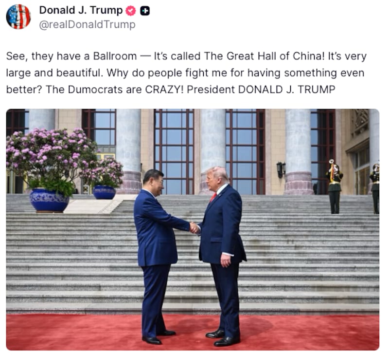 Xi and Trump shaking hands beneath a caption lamenting Democratic opposition to his long-desired White House ballroom.