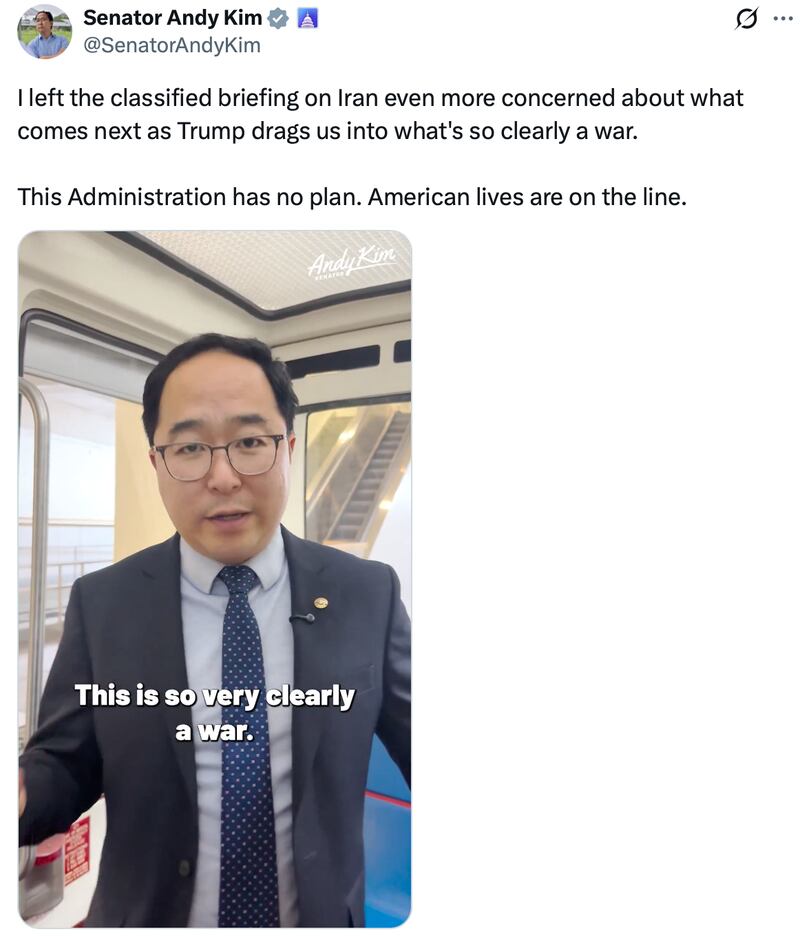 Senator Andy Kim posts after a briefing on Iran.