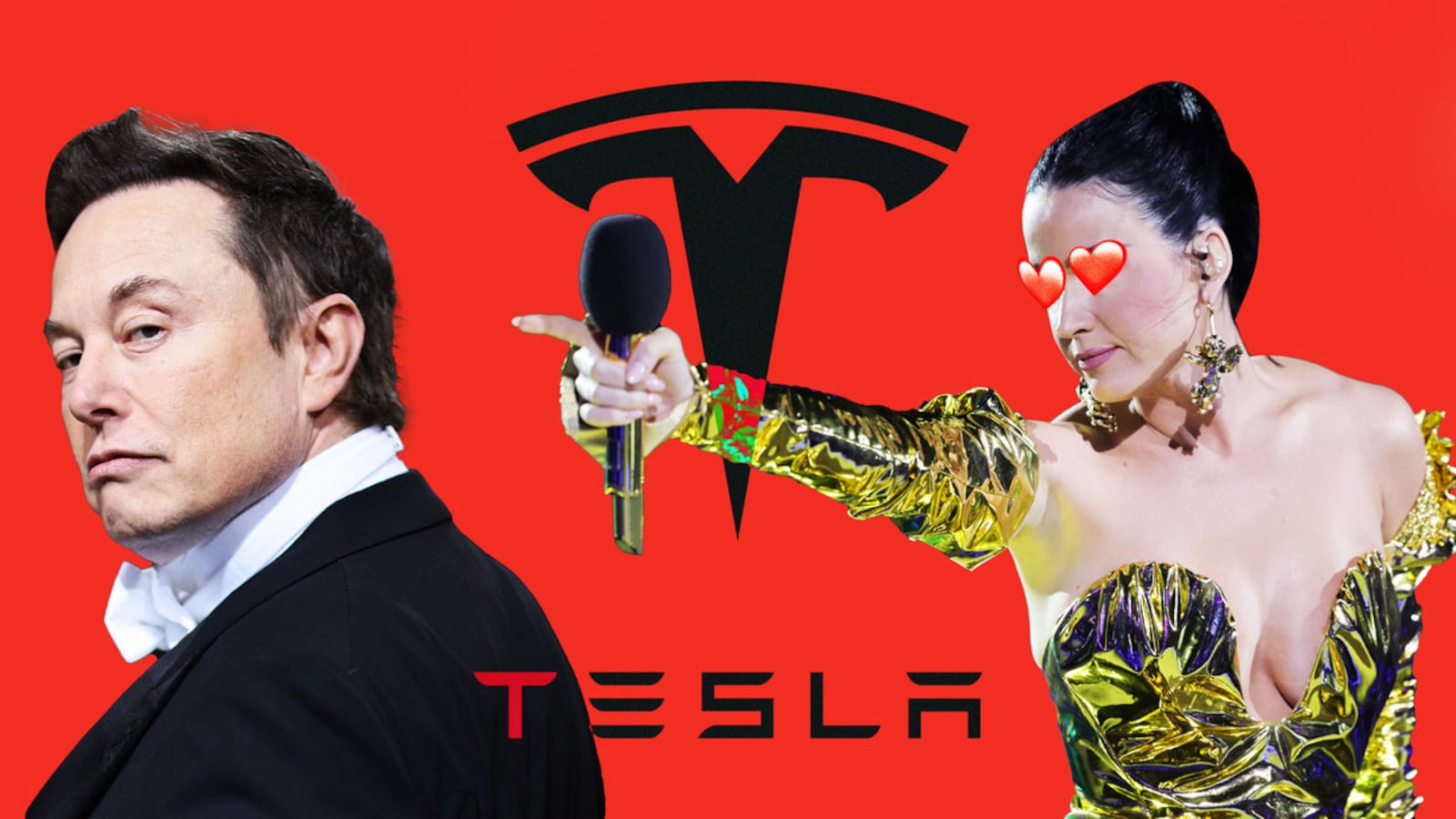 An illustration including photos of Elon Musk, Katy Perry, and the Tesla logo
