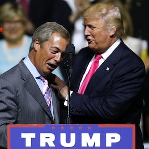 Donald Trump greets United Kingdom Independence Party leader Nigel Farage