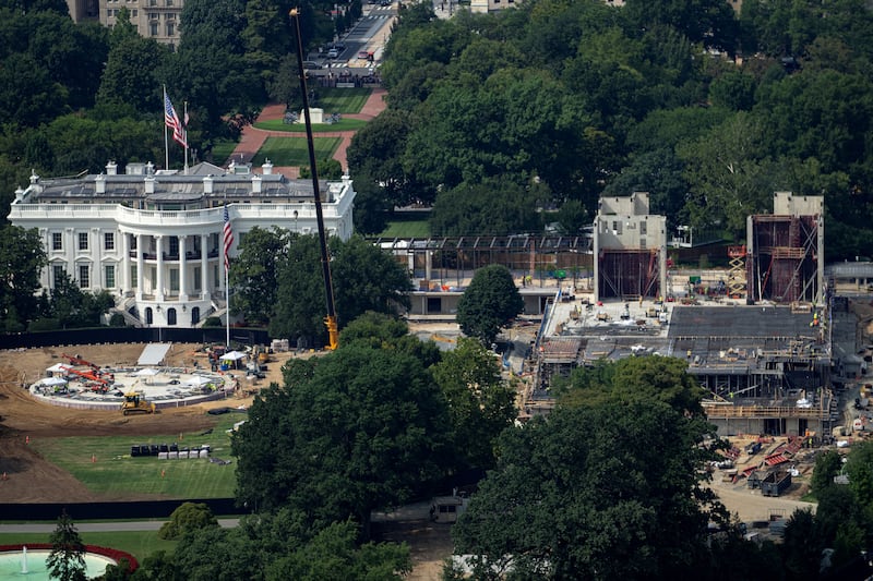 Construction of a helipad and ballroom at the White House, as seen from a window at the Washington Monument, in Washington, D.C., U.S., August 13, 2026. REUTERS/Nathan Howard/File Photo