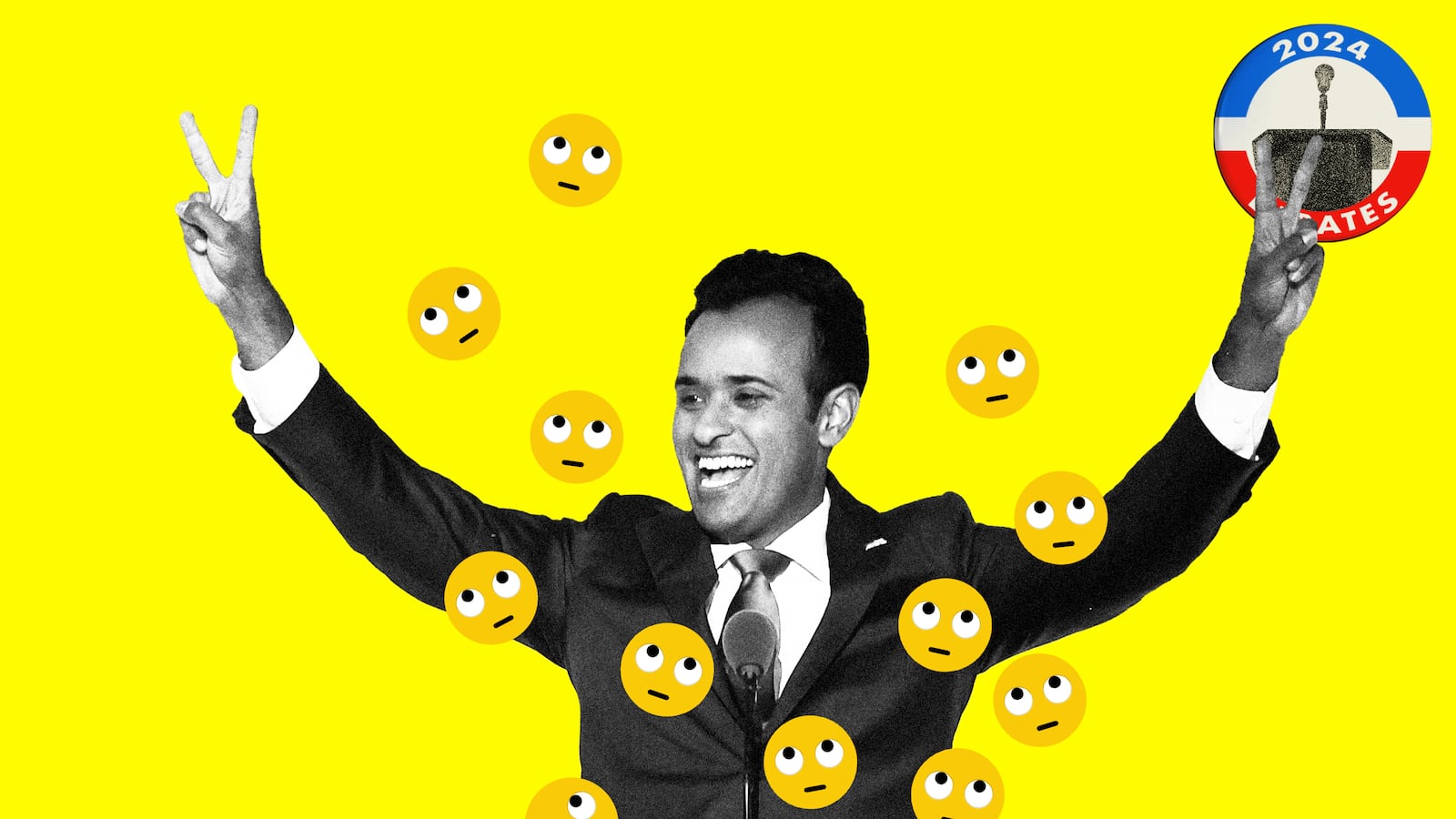 Photo illustration of Vivek Ramaswamy from the GOP debate holding his arms out with peace signs, with eye-rolling smiley faces scattered around him.