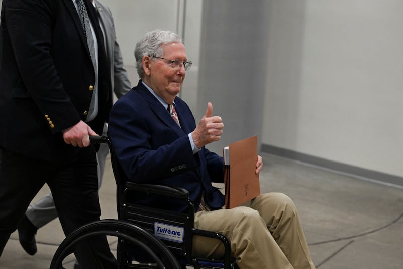 U.S. Senator Mitch McConnell (R-KY) goes to the chamber as senators grapple with making a deal to fund the U.S. government and avert a shutdown, on Capitol Hill in Washington, D.C., U.S., March 14, 2025.