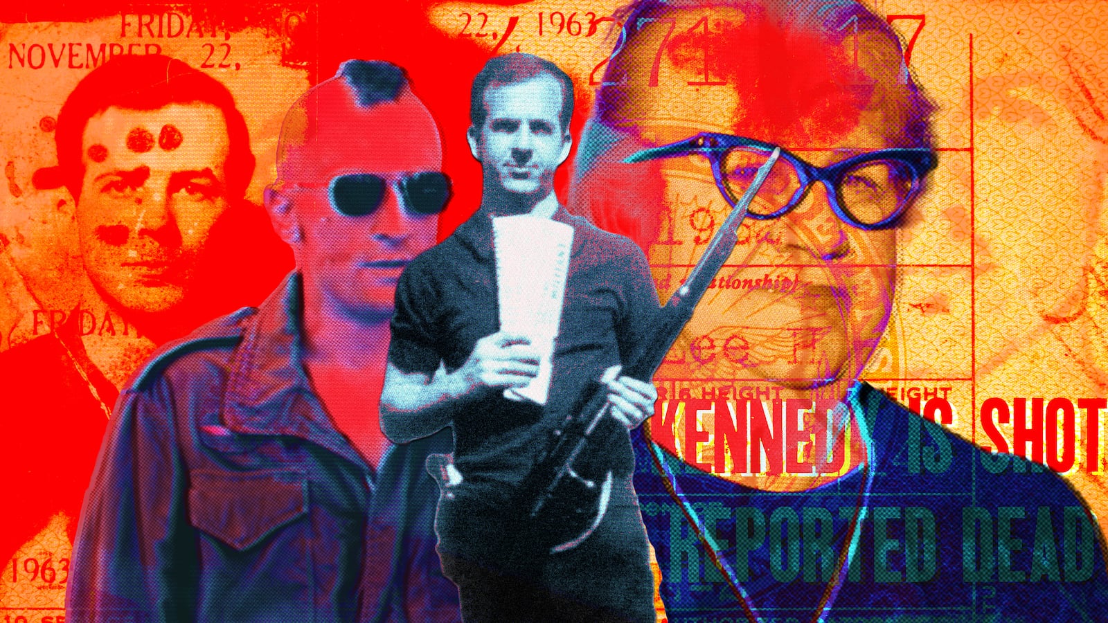 A photo illustration of Lee Harvey Oswald, Travis Bickle, and Marguerite Oswald.