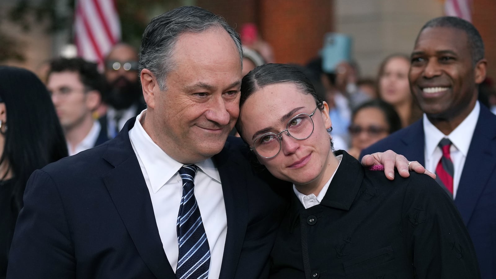 Second gentleman Doug Emhoff and Ella Emhoff react after Democratic presidential nominee, U.S. Vice President Kamala Harris conceded the election in a speech at Howard University on November 06, 2024 in Washington, DC. After a contentious campaign focused on key battleground states, the Republican presidential nominee, former U.S. President Donald Trump was projected to secure the majority of electoral votes, giving him a second term as U.S. President. Republicans also secured control of the Senate for the first time in four years.