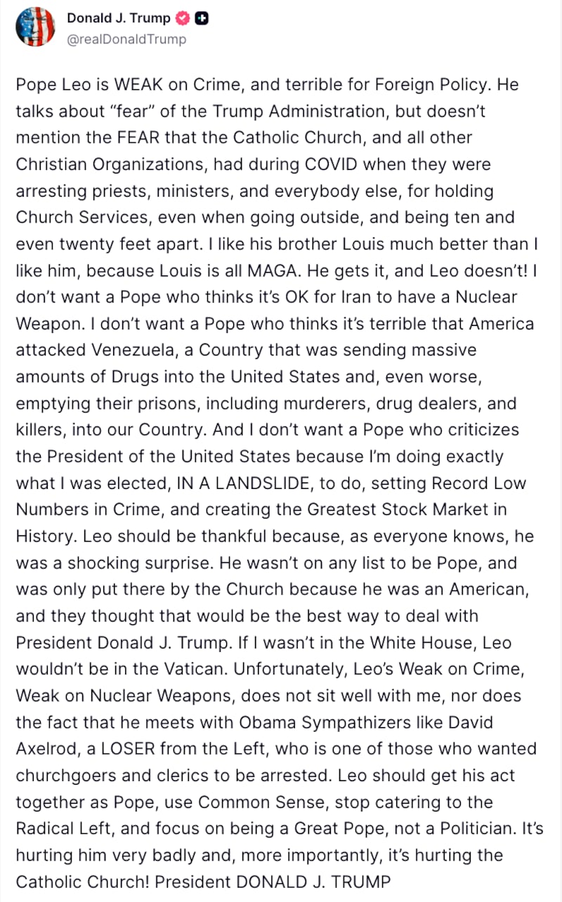Donald Trump Truth Social rant about Pope Leo