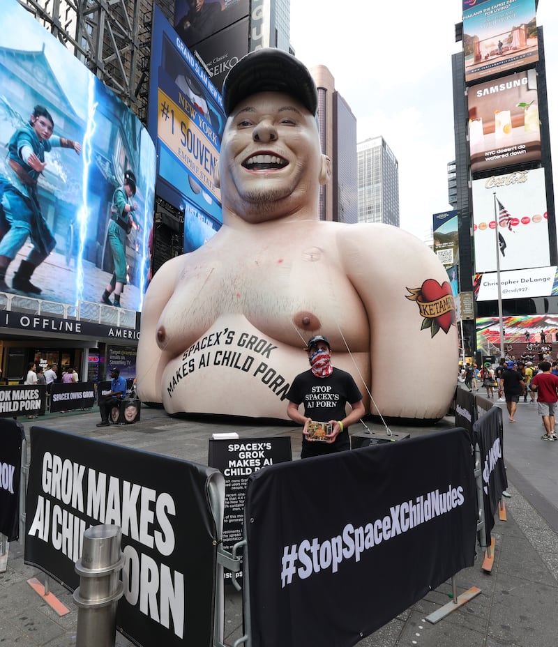 NEW YORK, NEW YORK - JUNE 11: An inflatable statue with the likeness of Elon Musk in Times Square ahead of SpaceX's initial public offering (IPO) on June 11, 2026 in New York City. (Photo by Kevin Mazur/Getty Images)