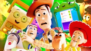 A photo illo illustration of Smarty Pants, Buzz Lightyear, Woody, Bullseye, Lilypad, and Jessie in Toy Story 5.