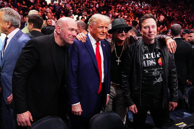 (L-R) Dana White, Donald Trump, Kid Rock and Elon Musk pose for a photo during the UFC 309 event at Madison Square Garden on November 16, 2024 in New York City.