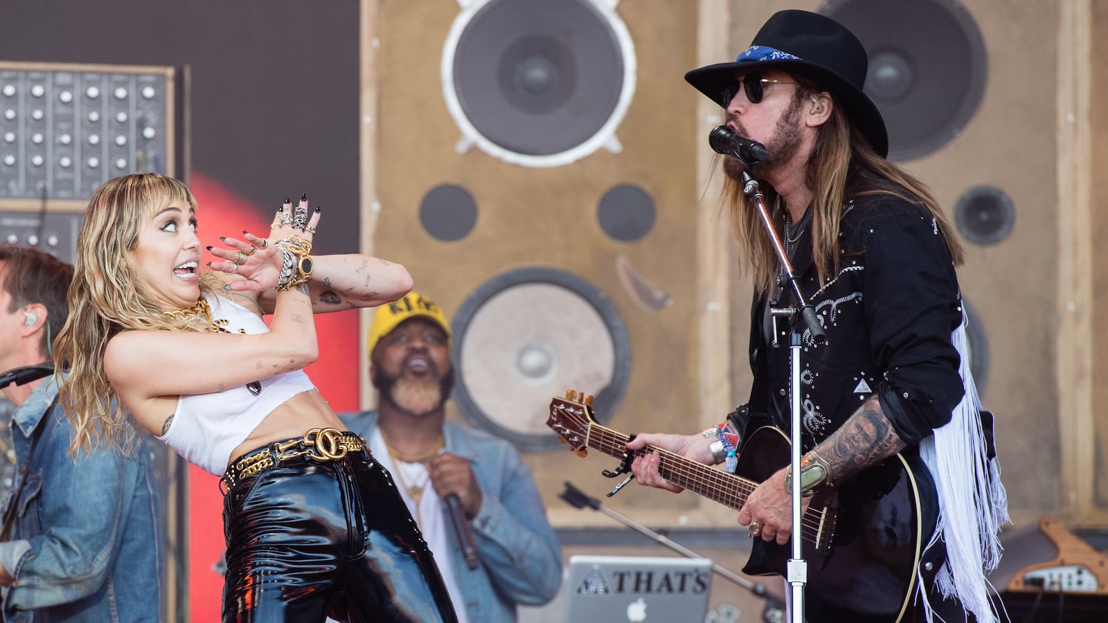 Miley Cyrus and Billy Ray Cyrus perform on the Pyramid Stage during day five of Glastonbury Festival in 2019.